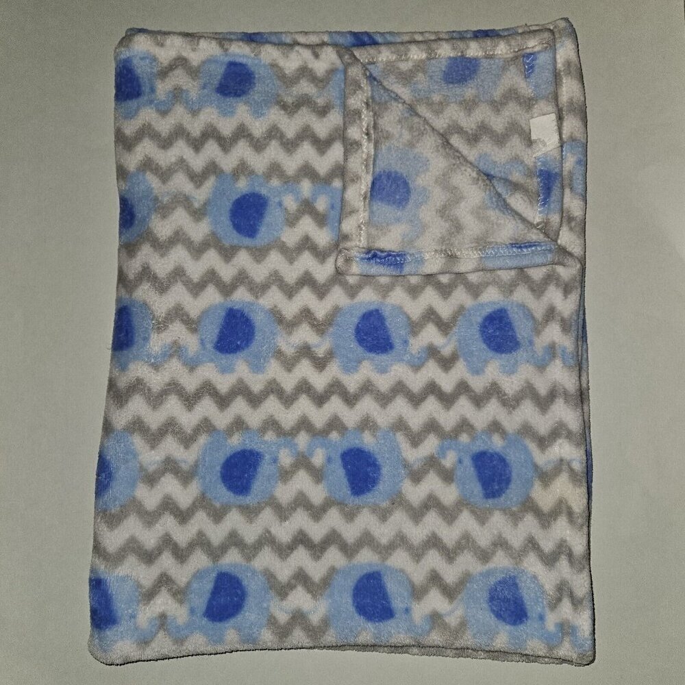Blue Gray Chevron Elephant Fleece Baby Blanket Lovey White 28x37